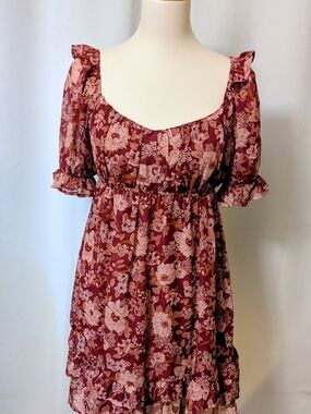 Blu Pepper Floral Ruffle Mini Dress in Burgundy and Dusty Pink